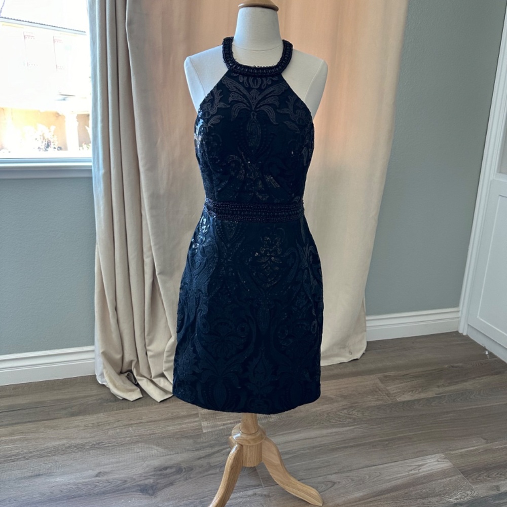 Formal Beaded Black Halter Midi Dress with Beautiful Beading Camille La Vie sz12